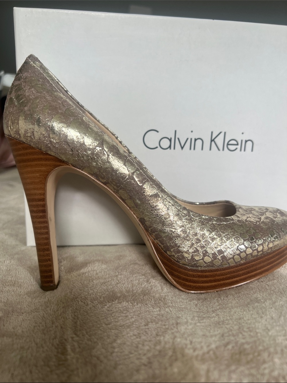 Calvin Klein Metallic Gold Snakeskin Platform Pumps